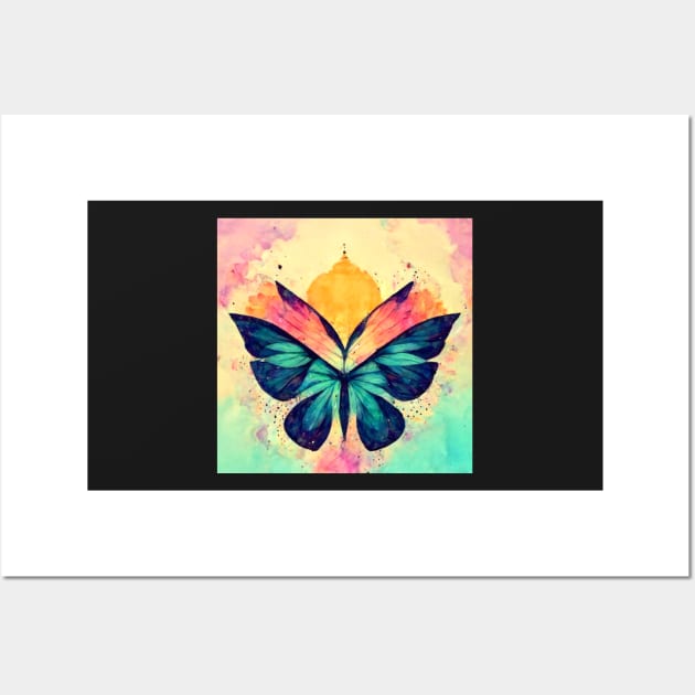 butterfly, flower, floral, gold, beautiful, blue, cute, colorful Wall Art by AnnaMartaFoley